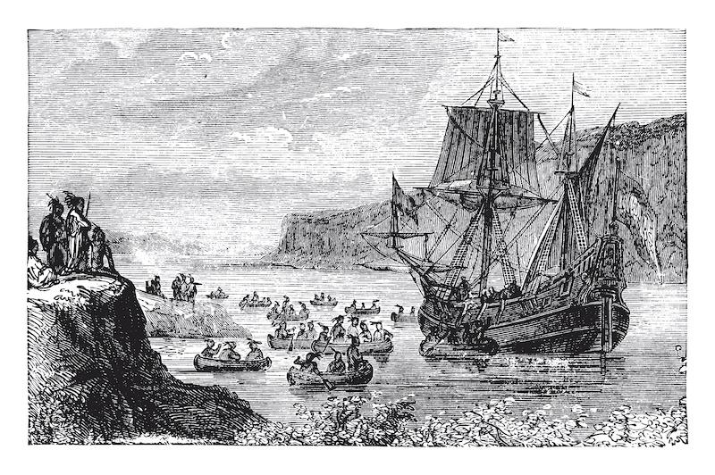 Ship of Henry Hudon named Half Moon in Hudson River,vintage line drawing or engraving illustration.