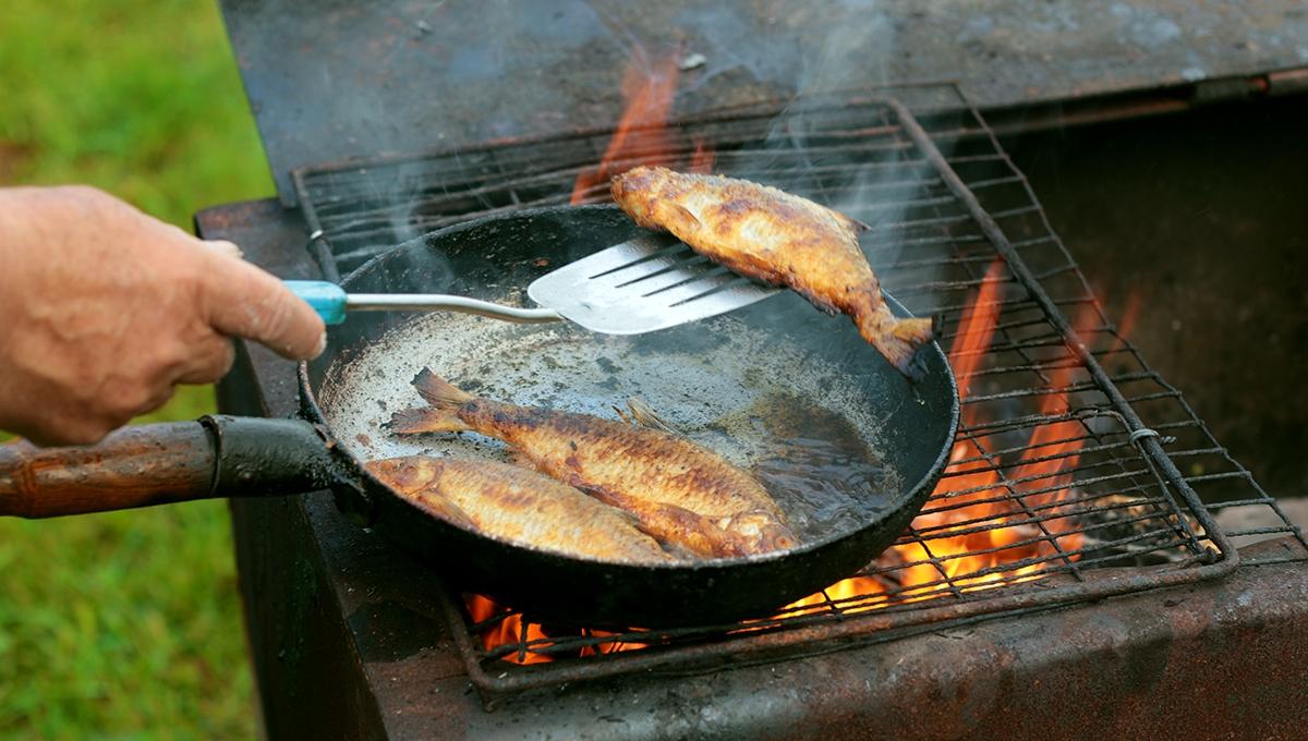 fish frying in oil on the fire