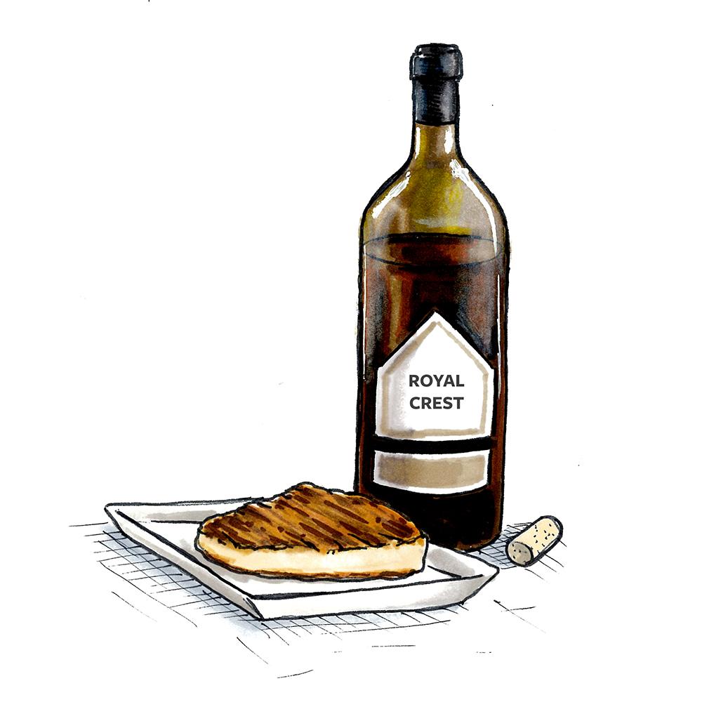 A photo of wine with fish with a drawing of a bottle of royal crest red blend next to a plate of swordfish