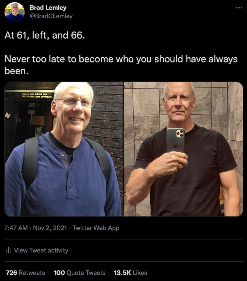 Two photos, one at age  and another at , show a man with improved senior fitness.