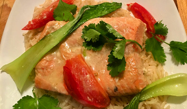 A photo of sockeye salmon coconut curry.