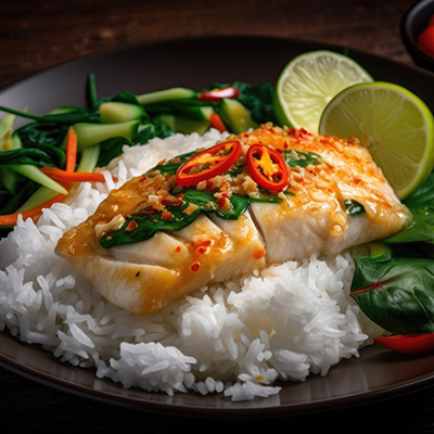 Broiled sea bass on a bed of rice with vegetables around it.