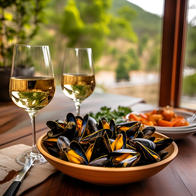 Thanksgiving fish recipes with a bowl of broiled mussels next to two glasses of wine