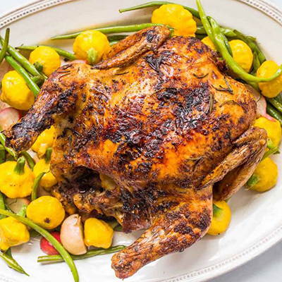 Roast chicken and vegetables on a plate