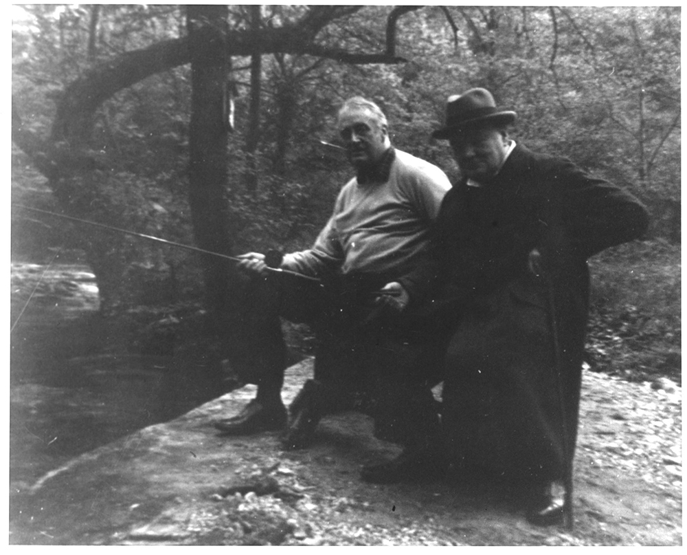 Presidents who love to fish with President Roosevelt and British Prime Minister Winston Churchill fishing at Camp David.