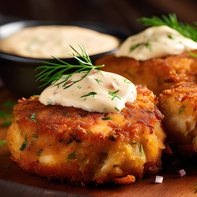 Easter fish recipes with several crab cakes topped with sauce