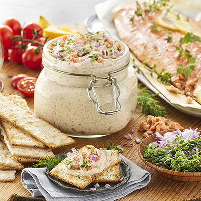 Easter fish recipes with a jar of smoked salmon dip and crackers